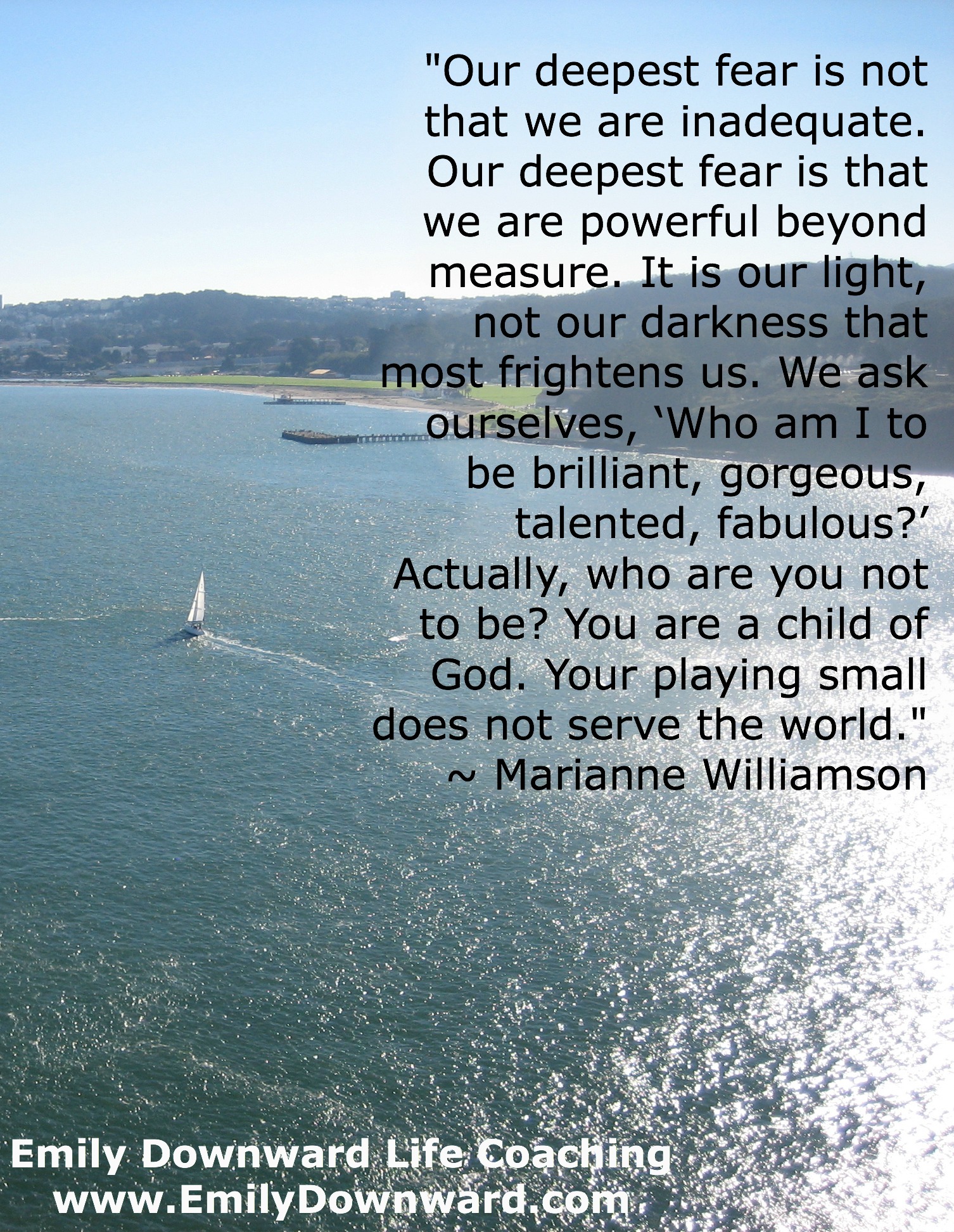 "It is our light, not our darkness, that most frightens us...Your playing small does not serve the world." ~ Marianne Williamson