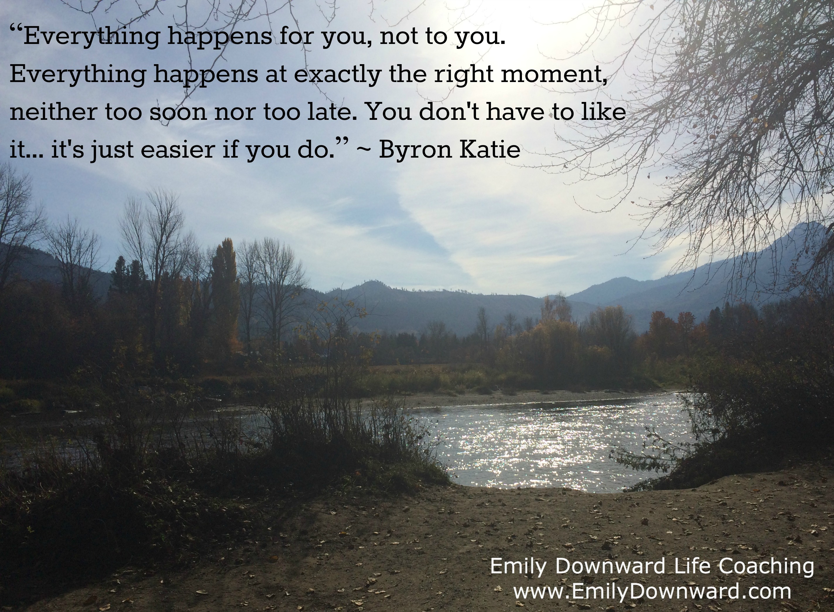 “Everything happens for you, not to you. Everything happens at exactly the right moment, neither too soon nor too late. You don't have to like it... it's just easier if you do.” ~ Byron Katie